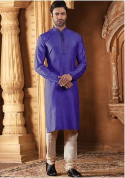 Blue Color Jute Jacquard And Poly Fabric Kurta Set